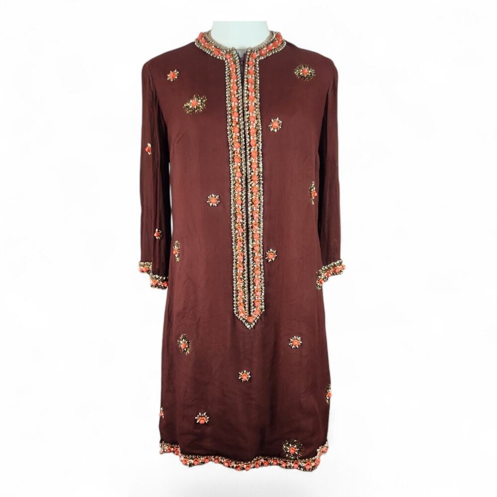 60s Vtg Silk Beaded Kurta Shirt Dress Medium Brown Orange Formal Talon Ethnic 10
